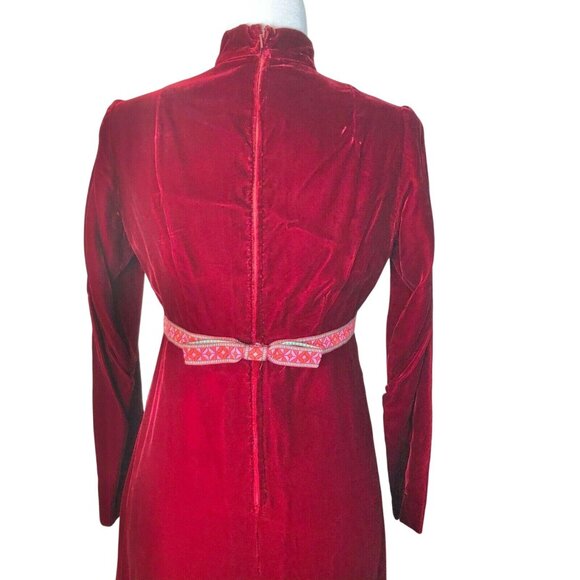 Vintage 1970s Red Velvet LS Empire Waist Maxi Dress Embroidered Waistband - Picture 8 of 12